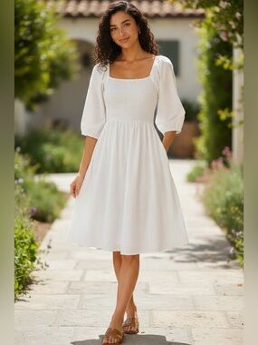Chris & Carol White Square-Neck Puff Sleeve Smocked Bodice Midi Dress. NWT